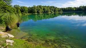 Widok na Kamionkę Piast w Opolu z przejrzystą, zielono-turkusową wodą, otoczoną drzewami, z nurkami przygotowującymi się do wejścia do akwenu.